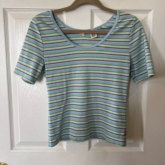 Levi’s Striped Ribbed Short Sleeve Scoop Neck T-Shirt Women’s Size Medium - Picture 1 of 5